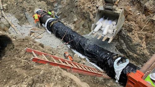 Repairs are underway on the 36-inch water line that broke Tuesday on Maner Road in Cobb County.