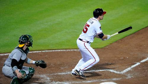 Atlanta Braves' Phil Gosselin (15) and Oakland Athletics catcher Derek Norris watch Gosselin's first major league home run which also scores Jason Heyward during the sixth inning of a baseball game Friday, Aug. 15, 2014, in Atlanta. (AP Photo/David Tulis)