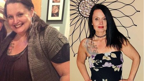In the photo on the left, taken in December 2011, Nicholle Little weighed 285 pounds. In the photo on the right, taken in July, she weighed 133 pounds. (Photos contributed by Nicholle Little).
