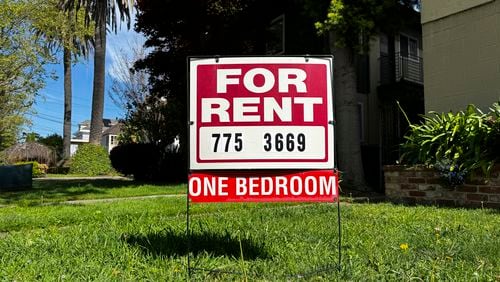 A sign sits outside an apartment building in Alameda, Calif., on April 16, 2024. (AP Photo/Terry Chea)