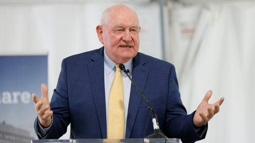 University System of Georgia Chancellor Sonny Perdue speaks during the groundbreaking of Science Square on Thursday, August 18, 2022. The system is waiving the SAT or ACT exam as a criteria for admission during the next academic year at most of its schools. Miguel Martinez / miguel.martinezjimenez@ajc.com