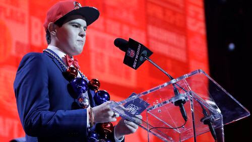 Kacey Reynolds, 19, announes that Louisiana State linebacker Devin White has been selected by the Tampa Bay Buccaneers in the first round at the NFL football draft, Thursday, April 25, 2019, in Nashville, Tenn.