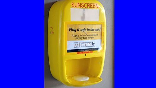 Free sunscreen dispensers at Bell Memorial Park, Milton, have enough SPF 30 lotion for 250 users. CITY OF MILTON