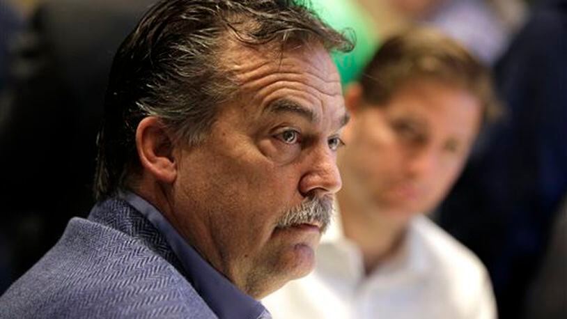 Los Angeles Rams head coach Jeff Fisher listens to member of the media at the NFL owners meeting in Boca Raton, Fla., Wednesday, March 23, 2016. (AP Photo/Luis M. Alvarez)