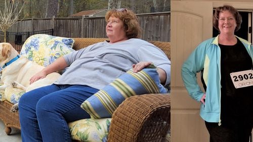 In the photo on the left, taken in 2015, Gina Gross weighed 340 pounds. In the photo on the right, taken in February, she weighed 260 pounds. (All photos contributed by Gina Gross)
