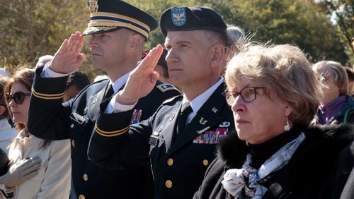Army National Guard soldiers Scott Delius (left) and Bobby Christine stand at attention during the 2018 Veterans Day Commemoration at the Atlanta History Center on Sunday, November 11, 2018. This year’s ceremony recognized the 100th anniversary of the end of World War I. (Photo: STEVE SCHAEFER / SPECIAL TO THE AJC)