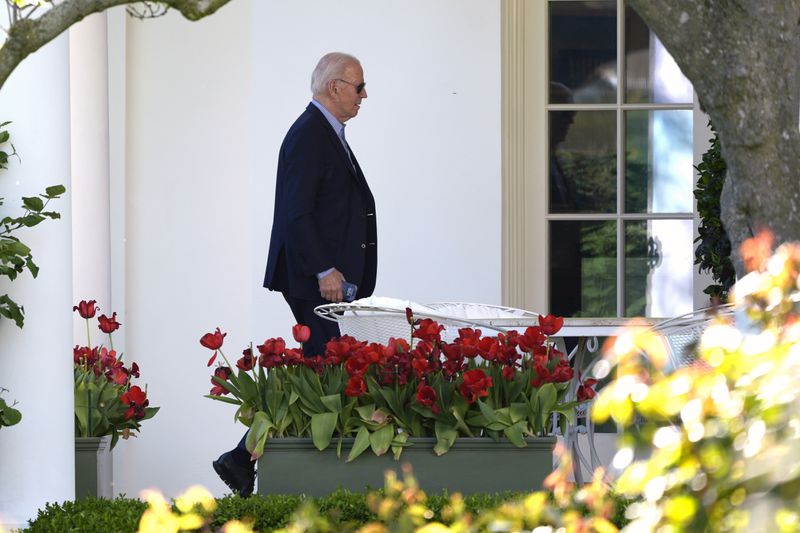 President Joe Biden walks to the Oval Office of the White House in Washington, Saturday, April 13, 2024. Biden returned to the White House this afternoon to consult with his national security team about events in the Middle East. (AP Photo/Pablo Martinez Monsivais)