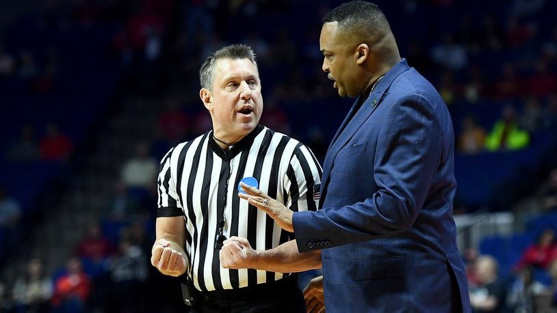 Coach Ron Hunter of the Georgia State Panthers argues with a referee against the Houston Cougars during their first-round game of the 2019 NCAA Men's Basketball Tournament at BOK Center on March 22, 2019 in Tulsa, Oklahoma. (Photo by Stacy Revere/Getty Images)