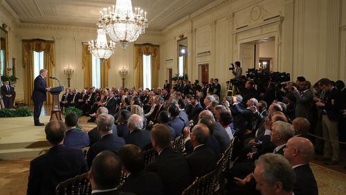 President Donald Trump speaks to a group of mayors in the East Room of the White House on Jan. 24, 2018.  (Photo by Chip Somodevilla/Getty Images)