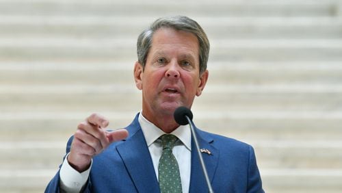 August 19, 2020 Atlanta - Governor Brian Kemp speaks during a press conference to provide update on efforts to combat human trafficking in Georgia at the Georgia State Capitol building on Wednesday, August 19, 2020. (Hyosub Shin / Hyosub.Shin@ajc.com)