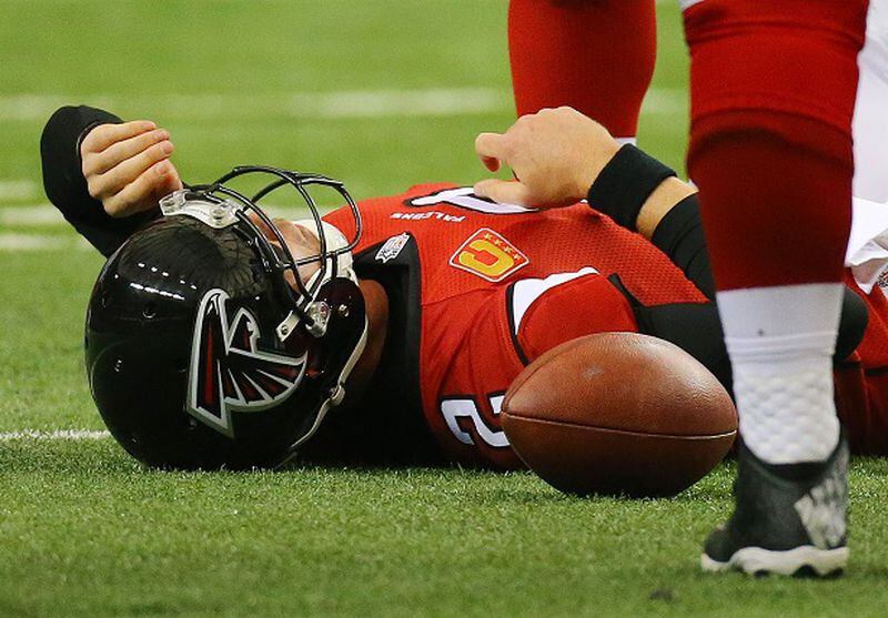 Atlanta Falcons quarterback Matt Ryan lies on the ground after being leveled by Pittsburgh Steelers linebacker Jason Worilds during an NFL football game Sunday, Dec. 14, 2014, in Atlanta. (AP Photo/Atlanta Journal-Constitution, Curtis Compton) MARIETTA DAILY OUT; GWINNETT DAILY POST OUT; LOCAL TELEVISION OUT; WXIA-TV OUT; WGCL-TV OUT An early Christmas gift: This was called roughing the passer. (Curtis Compton/AJC)