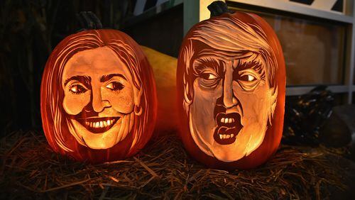 NEW YORK, NY - OCTOBER 28: Master Carver Hugh McMahon Creates Giant Donald Trump And Hillary Clinton Pumpkin at Chelsea Market on October 28, 2016 in New York City. (Photo by Theo Wargo/Getty Images)