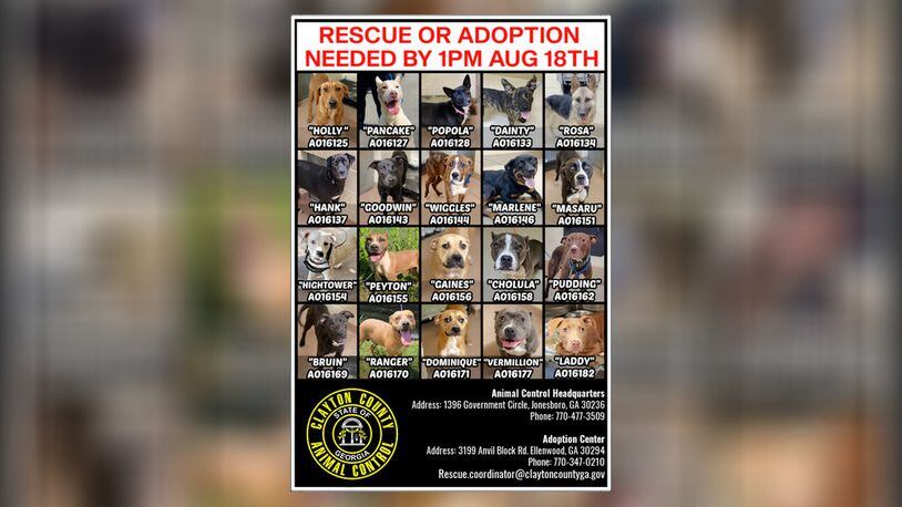 Clayton County Animal Control needs help to save 20 dogs at risk of being euthanized. The shelter is pleading with the public to adopt the potential pets by 1 p.m. Thursday.