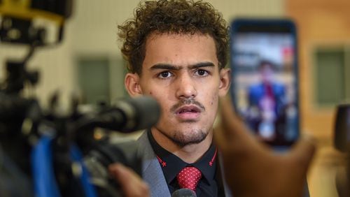 Atlanta Hawks draft pick Trae Young is interviewed after a press conference at Atlanta Hawks Emory Sports Medicine Complex.