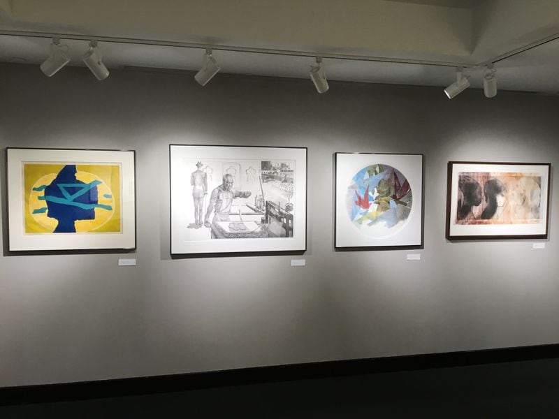 Work by (left to right) Robert Blackburn, Ron Adams, Lou Stovall and Curlee Raven Holton in the Cochran Collection exhibit at the Robert C. Williams Museum of Papermaking.