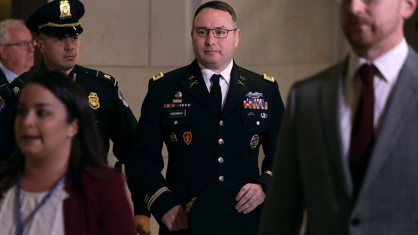 Army Lt. Colonel Alexander Vindman, Director for European Affairs at the National Security Council, arrives at a closed session before the House Intelligence, Foreign Affairs and Oversight committees on Tuesday, Oct. 29, 2019, at the U.S. Capitol in Washington, D.C. (Alex Wong/Getty Images/TNS)