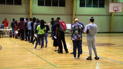 People were still voting at 9:30 p.m. at Samuel H. Archer Hall at Morehouse College in Atlanta Tuseday November 6, 2018. Georgia NAACP won a lawsuit, and voting times were extended by three hours in two precincts near Spelman and Morehouse. STEVE SCHAEFER / SPECIAL TO THE AJC