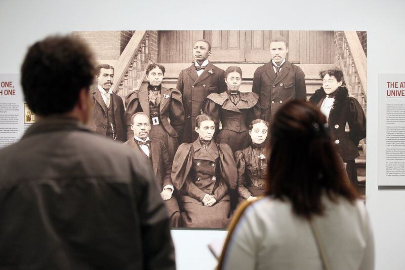 A photo of instructors at Morris Brown College not long after the college’s founding, in 1881, anchors the Atlanta section of the exhibition “Black Citizenship in the Age of Jim Crow” at the Atlanta History Center. The exhibition, which opened in late January, was closed in March because of the coronavirus pandemic. (Photo: Miguel Martinez for the AJC)