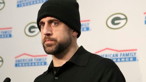 Not a good look: Green Bay Packers' Aaron Rodgers is suitably glum meeting with the media after loss to Carolina. (AP Photo/Bob Leverone)