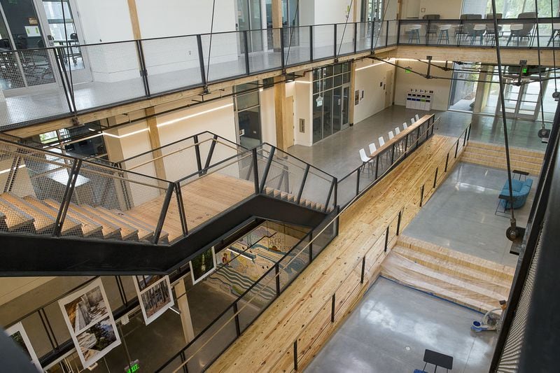 This shows the interior of the Kendeda Building for Innovative Sustainable Design at Georgia Tech, which opened Oct. 24. The interior features reclaimed, sustainable wood, much of which is locally sourced. ALYSSA POINTER / ALYSSA.POINTER@AJC.COM