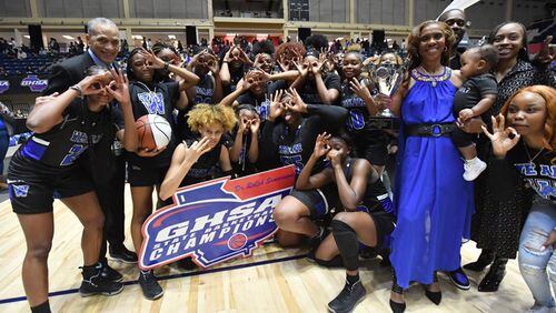 Westlake players celebrate their victory during 2020 GHSA State Basketball Class Championship game at the Macon Centreplex in Macon on Saturday, March 7, 2020. Westlake won 72-53 over Collins Hill. (Hyosub Shin / Hyosub.Shin@ajc.com)