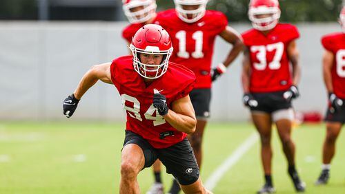 Receiver Ladd McConkey sprints during Georgia’s practice session in Athens on Thursday. (Tony Walsh/UGAAA)