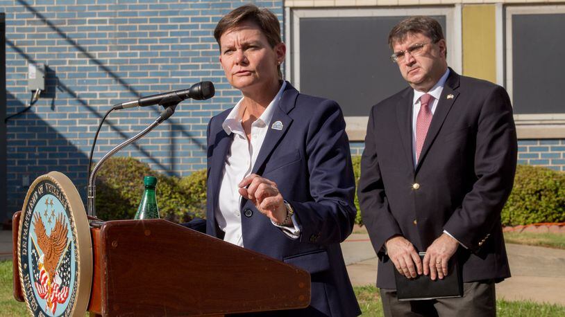 Atlanta VA Director Ann Brown makes official remarks after touring the facility in Decatur on Clairmont Road on Friday, Sept 4, 2020.  (Jenni Girtman for The Atlanta Journal-Constitution)