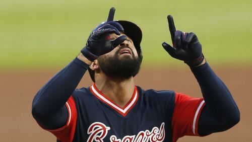ATLANTA, GA - AUGUST 25:  Left fielder Matt Kemp #27 of the Atlanta Braves gestures after hitting a home run in the first inning during the game against the Colorado Rockies at SunTrust Park on August 25, 2017 in Atlanta, Georgia.  (Photo by Mike Zarrilli/Getty Images)