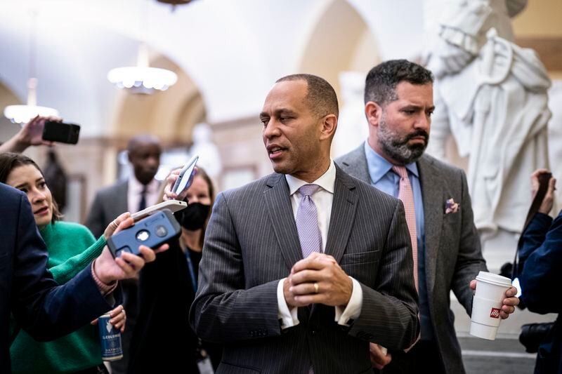 Rep. Hakeem Jeffries, D-N.Y., widely considered likely to be part of the new House Democratic leadership, brushed aside questions from reporters on Thursday, declaring it “the day to celebrate the extraordinary accomplishments of Speaker Nancy Pelosi, a leader for the ages.” (Al Drago/The New York Times)