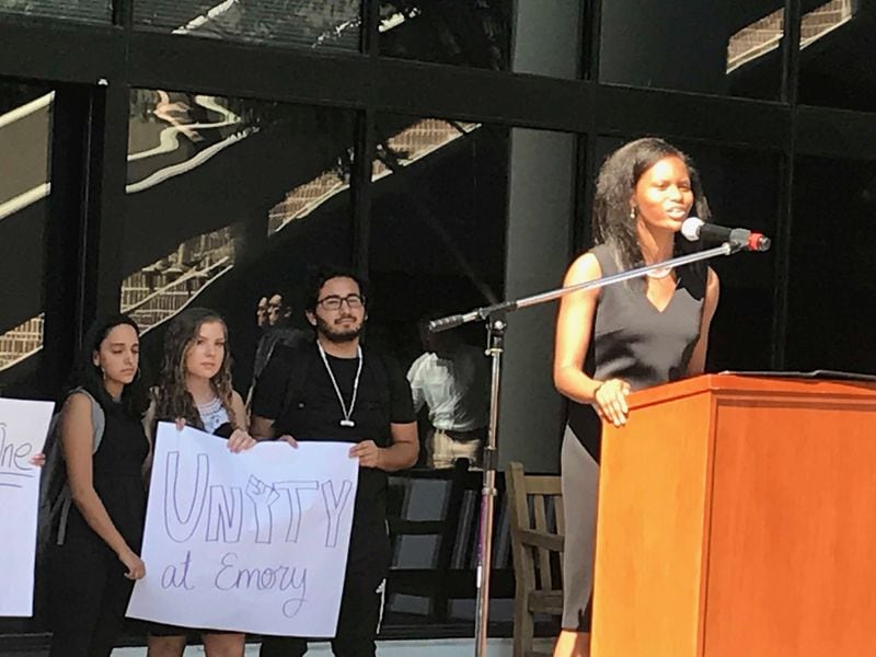 Wrenica Archibald, 24, president of Emory University’s Black Law Student Association, speaks at a unity rally she helped organized after a professor used used a racial slur in his class during a discussion about a discrimination case. ERIC STIRGUS / ESTIRGUS@AJC.COM