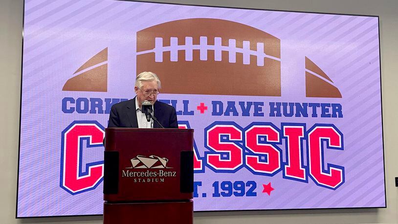 Dave Hunter speaks at a ceremony to rename the 31-year-old football event that he founded the Corky Kell Dave Hunter Classic.