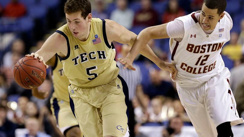 Tech's Daniel Miller (5) and Boston College's Ryan Anderson (12) chase a loose ball in the opening game of the ACC Tournament in Greensboro, N.C.