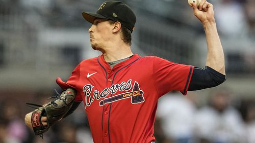 Atlanta Braves pitcher Max Fried (54) works against the San Diego Padres in the first inning of a baseball game, Friday, May 17, 2024, in Atlanta. The Braves fell 3-1. (AP Photo/Mike Stewart)