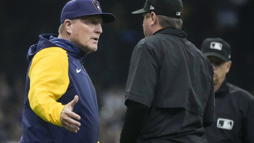 Milwaukee Brewers manager Pat Murphy argues a call during the sixth inning of a baseball game against the New York Yankees Sunday, April 28, 2024, in Milwaukee. (AP Photo/Morry Gash)