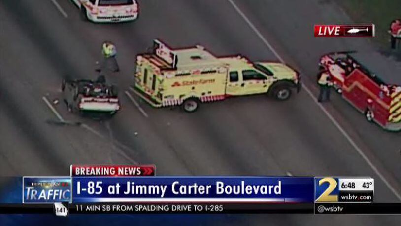 A crash caused heavy delays on I-85 South at Jimmy Carter Boulevard. (Credit: Channel 2 Action News)