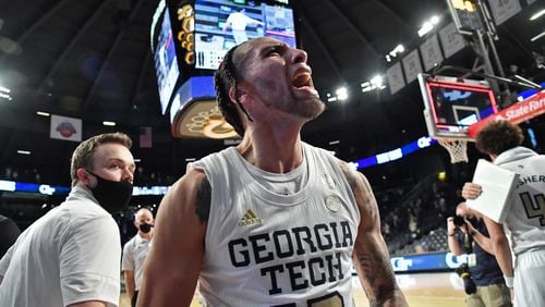 February 6, 202, 2021 Atlanta - Georgia Tech's guard Jose Alvarado (10) celebrates their victory over Notre Dame at the end of the second half of a NCAA college basketball game at Georgia Tech's McCamish Pavilion in Atlanta on Saturday, February 6, 2021. Georgia Tech won 82-80 over Notre Dame. (Hyosub Shin / Hyosub.Shin@ajc.com)