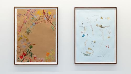 Installation view of "Colour Study, after Kokoschka (flora)," left, and "Summer Bones No. 2," right, both by Zachari Logan.
(Courtesy of Wolfgang Gallery)
