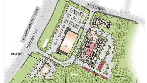Duluth approved a revised master plan for Marketplace Village that includes more age-restricted units and a larger outparcel along Peachtree Industrial Boulevard. (Courtesy City of Duluth)