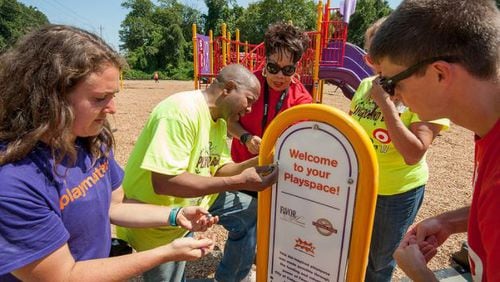 Volunteers from Target, Favor House Inc., along with organizers from KaBOOM! joined with the city of College Park to build the third community playground in the city. CONTRIBUTED