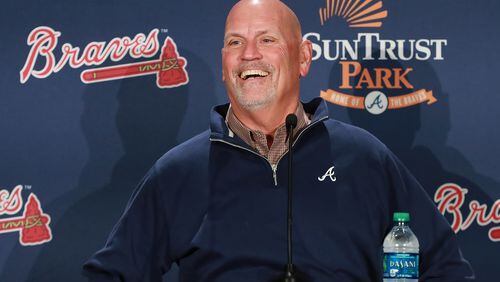 Newly-goateed Braves manager Brian Snitker enjoys his Manager of the Year press conference at SunTrust Park. (Curtis Compton/ccompton@ajc.com)