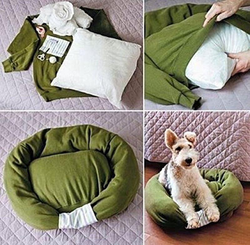 Four stages of a comfy, decorative pet bed you can make from an old sweater.