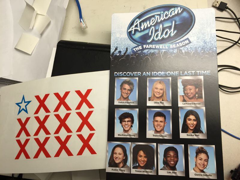 For more than 12 years, Fox PR has sent me and other reporters an "Idol" sheet with stickers of the finalists and X's to place over their faces as they get eliminated. I only have the past three or four on my desk. Here's the last one and my power 10 with Dalton on top. CREDIT: Rodney Ho/rho@ajc.com