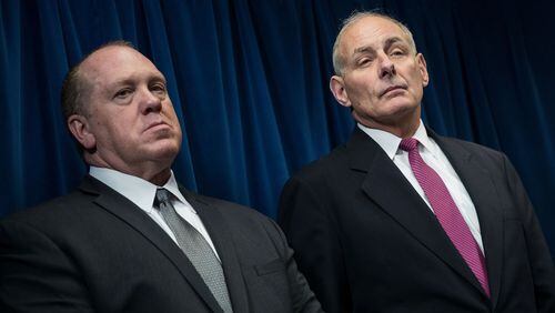 WASHINGTON, DC - JANUARY 31: (L to R) U.S. Immigration and Customs Enforcement (ICE) Acting Director Thomas Homan and Secretary of Homeland Security John Kelly listen to questions during a press conference related to President Donald Trump’s recent executive order concerning travel and refugees, January 31, 2017 in Washington, DC. On Monday night, President Donald Trump fired the acting Attorney General Sally Yates after she released a statement saying the Justice Department would not enforce the president’s executive order that places a temporary ban on citizens from seven Muslim-majority countries. (Photo by Drew Angerer/Getty Images) *** BESTPIX ***