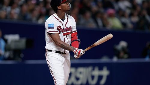 Outfielder Ronald Acuna Jr. of the Atlanta Braves hits a solo home run in the bottom of 8th inning during the game six between Japan and MLB All Stars at Nagoya Dome on November 15, 2018 in Nagoya, Aichi, Japan.  (Photo by Kiyoshi Ota/Getty Images)