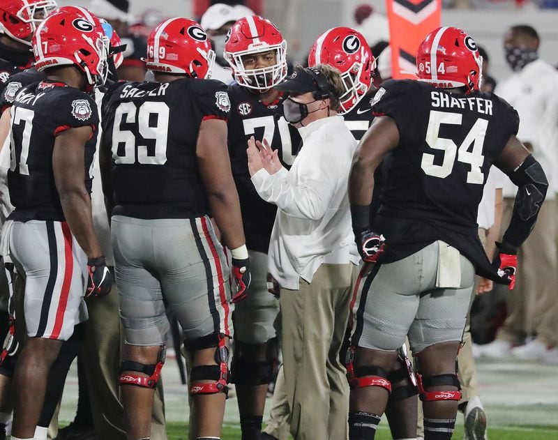 Georgia head coach Kirby Smart addresses his defense during the second half against Mississippi State Saturday, Nov. 21, 2020, in Athens. (Curtis Compton / Curtis.Compton@ajc.com)