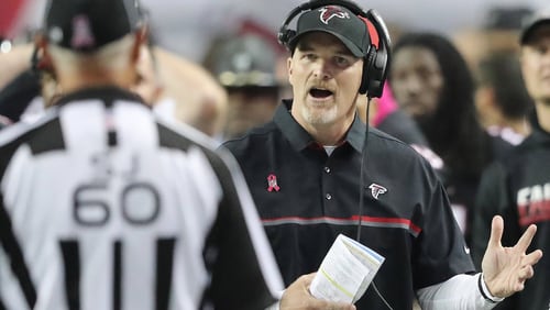 October 23, 2016 Atlanta: Falcons head coach Dan Quinn looks for a call from the official as wide receiver Julio Jones is knocked out of bounds in over time after making a catch that was ruled out of bounds against the Chargers in an NFL football game on Sunday, Oct. 23, 2016, in Atlanta. Curtis Compton /ccompton@ajc.com