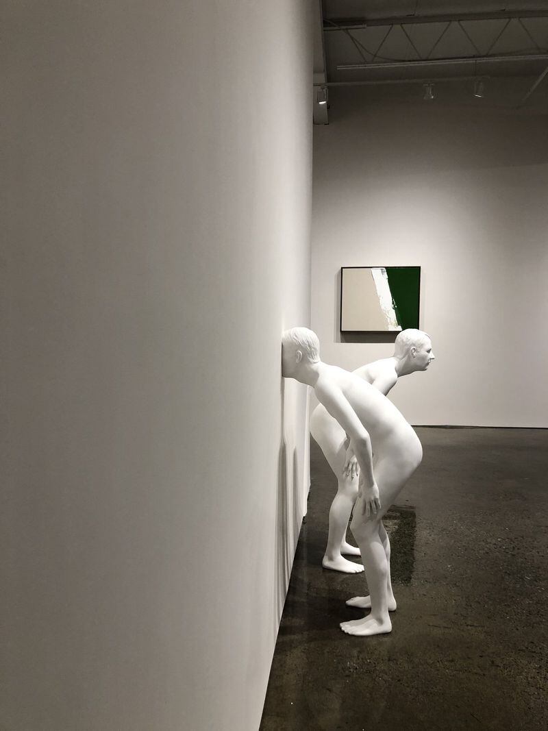 Sculptor Christina A. West’s “Untitled (Leaning Male #1, No Face)” packs a creepy punch in the three-person show “Easy Air” at Hathaway Contemporary Gallery. CONTRIBUTEDBY HATHAWAY GALLERY