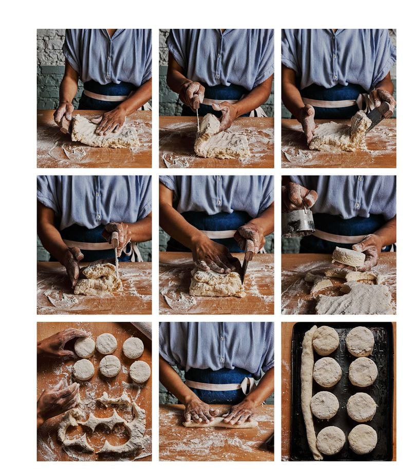 These photos break down folding and cutting the Bomb Buttermilk Biscuit. (Courtesy of Andrew Thomas Lee)