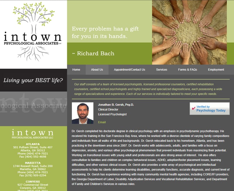 This shows a cached version of the now-defunct website indicating Jonathan Gersh as the clinical director of Intown Psychological Associates.