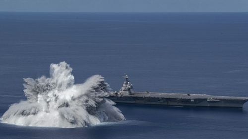 The Navy blasted its newest carrier with thousands of pounds of explosives in the Atlantic Ocean on Friday to simulate how the ship would perform in battle conditions, according to images released by the service and government earthquake monitors. (Image: U.S. Navy)